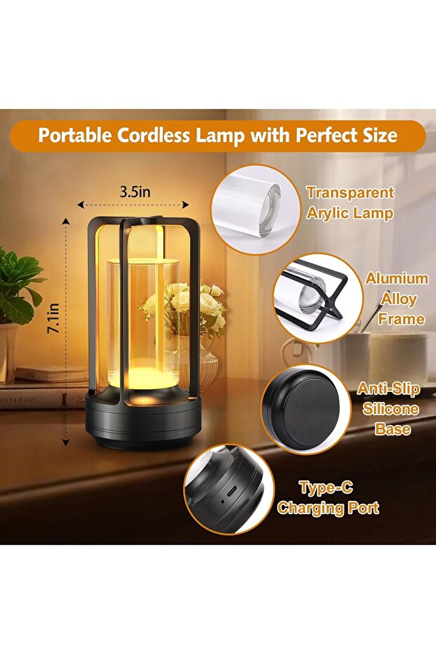 Pack of 2 Rechargeable Cordless LED Lamp,3-Colour Infinitely Dimming Battery Powered Small,Black - 4