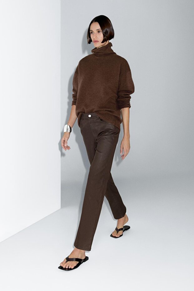 Yüksek bel straight fit mumlu pantolon - 3