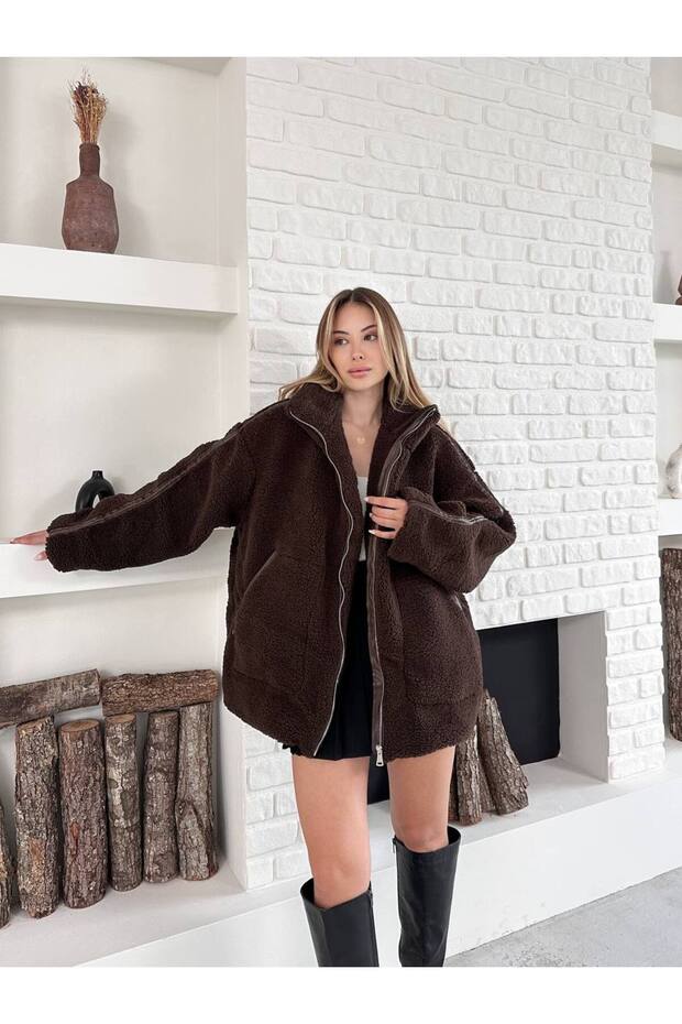 Kadın Biyeli Oversize Uzun Peluş Mont - 1