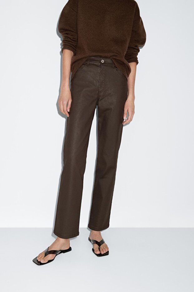 Yüksek bel straight fit mumlu pantolon - 2