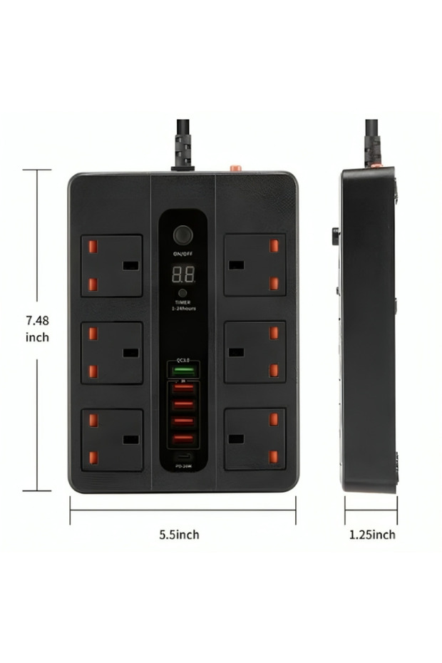 شريط طاقة بطول 3 أمتار مزود بـ 4 منافذ USB ومنفذ USB-C PD-18W بالإضافة إلى 6 مقابس تيار متردد مع ميزة المؤقت الذكي - 6