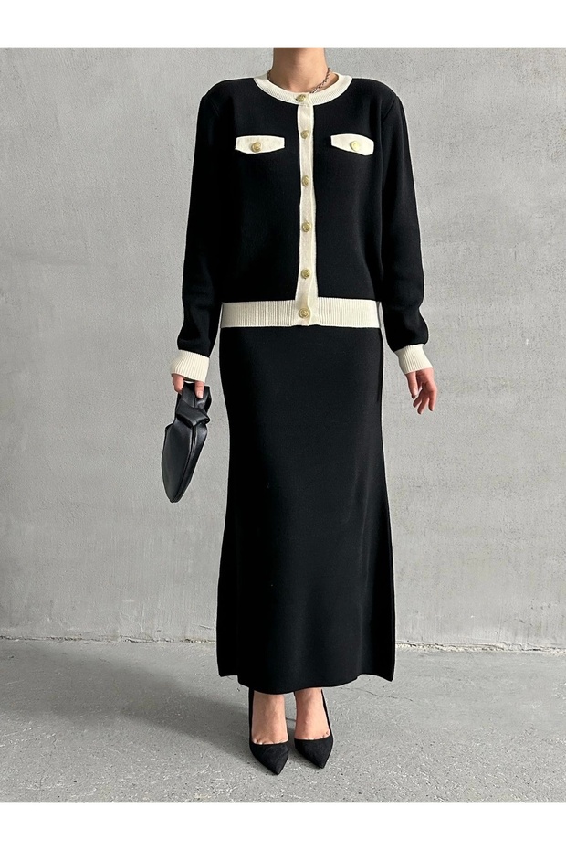 Women's Black Stylish Pocket Detailed Cardigan Skirt Bottom Top Double Knitwear Set