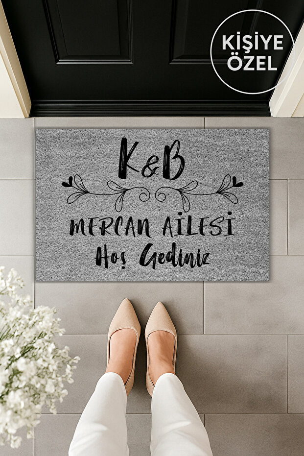 Modern Dijital Baskı Gri Baş Harf Soyisimli Kapı Önü Paspas 70x45cm - 1
