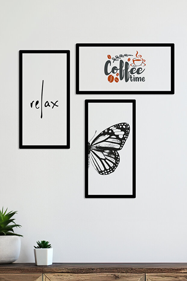 مجموعة طاولات MDF مكونة من 3 قطع بإطار خشبي مع كتابة COFFE TIME RELAX KELEBEK KANADI