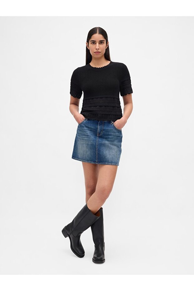 Kadın Siyah Linen-Blend Pointelle Crop Kazak - 5