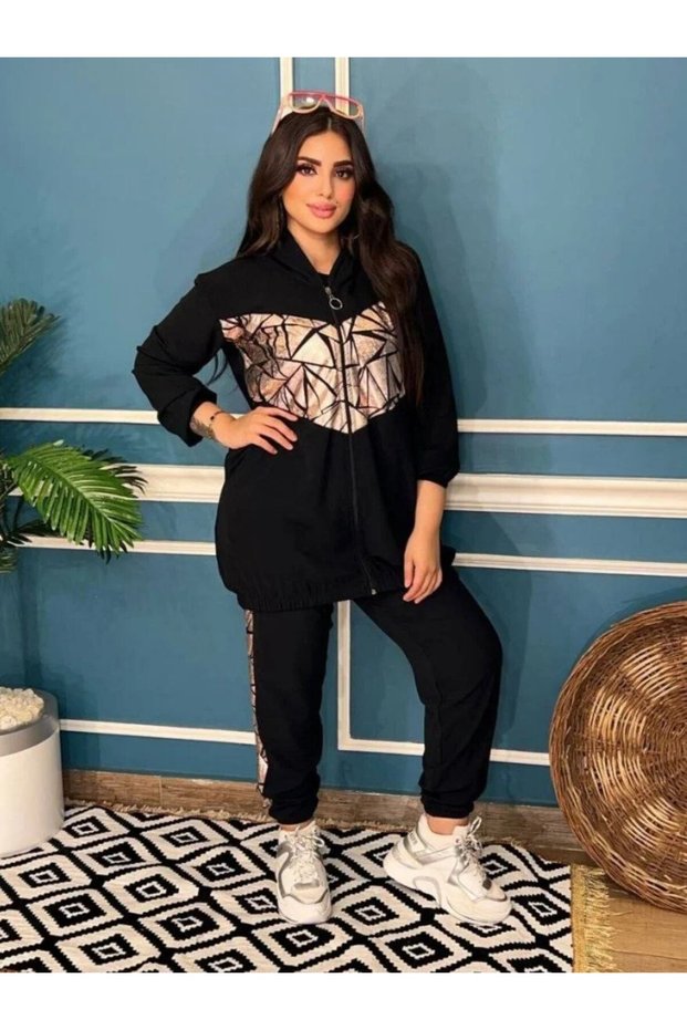 Set, Geometric Print, Zipper Jacket with Pockets, Capuche, Pants, Crepe, Casual