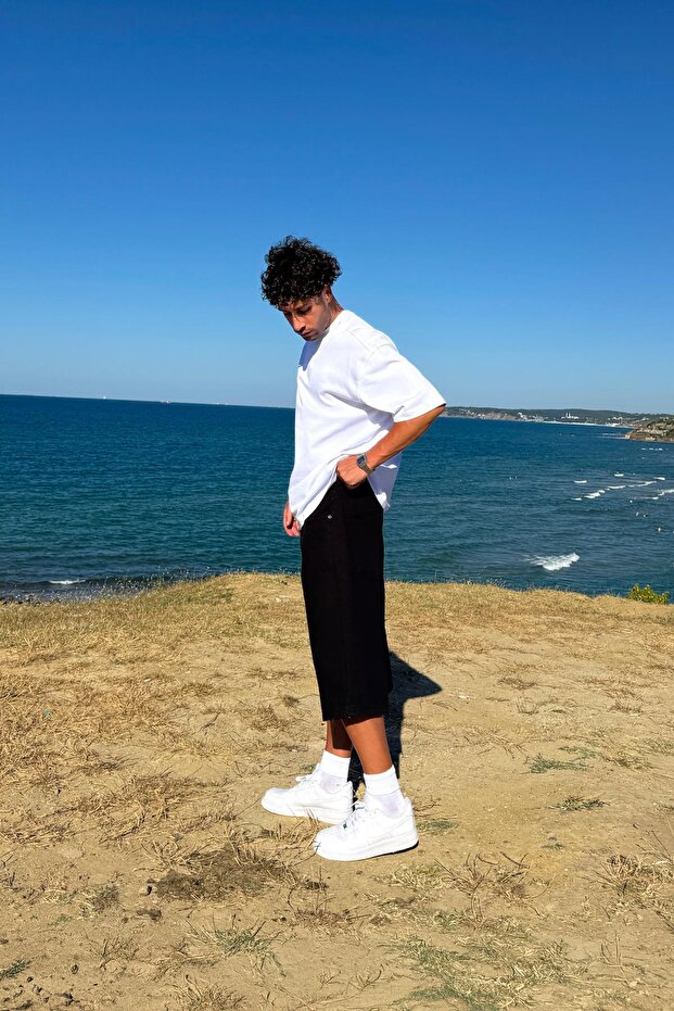 Yıkamalı Basic Siyah Kot Şort Siyah - 5