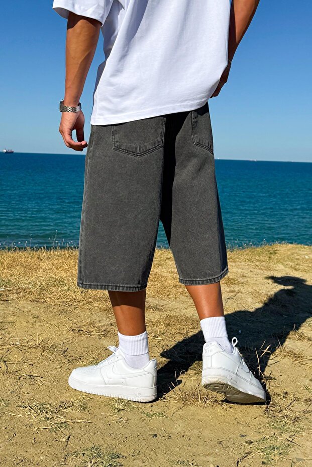 Yıkamalı Basic Kot Şort Antrasit - 3