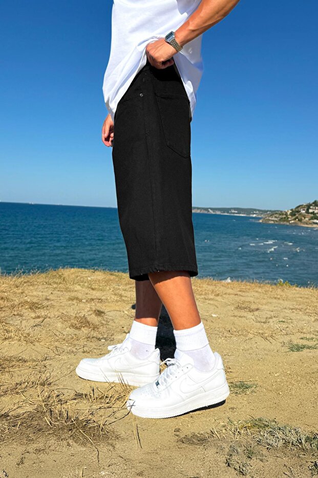 Yıkamalı Basic Siyah Kot Şort Siyah - 3