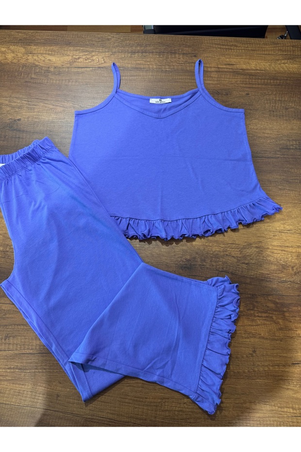 Mavi İp Askılı Fırfırlı Süprem Pijama Takımı - 2