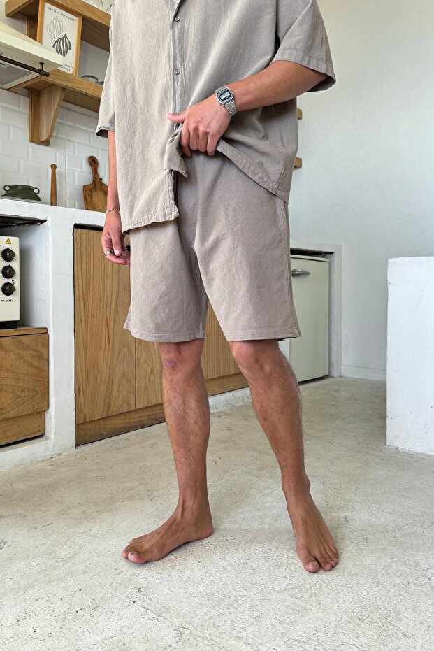 Milky Coffee Waist Elasticated Linen Shorts Brown