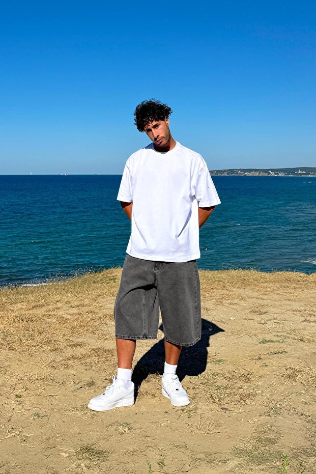 Yıkamalı Basic Kot Şort Antrasit - 4