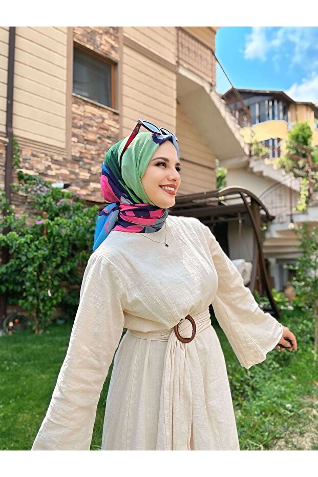 Palet Desen Bambu Eşarp - Mor - Yeşil - 3