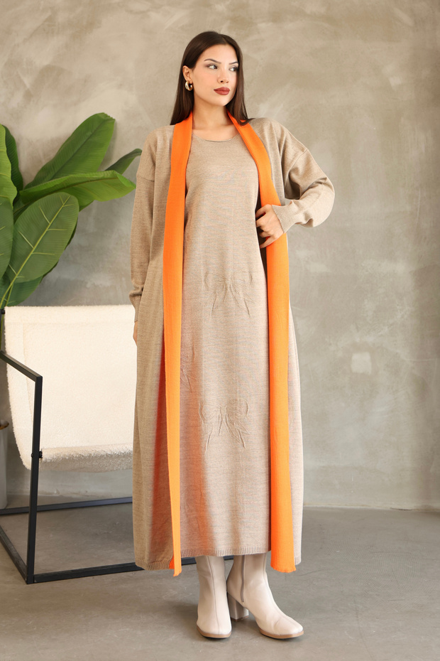 Round Neckline, Long Sleeve, Bow Patterned Midi Length Cardigan Look One-Piece Knitwear Dress