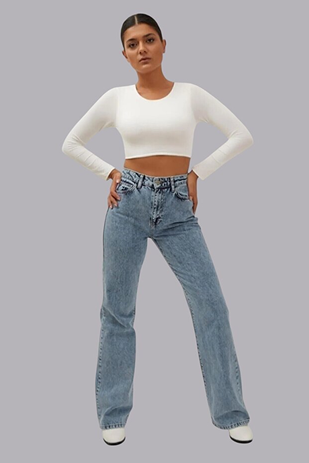 Snow Washed Blue Wide Leg Jeans