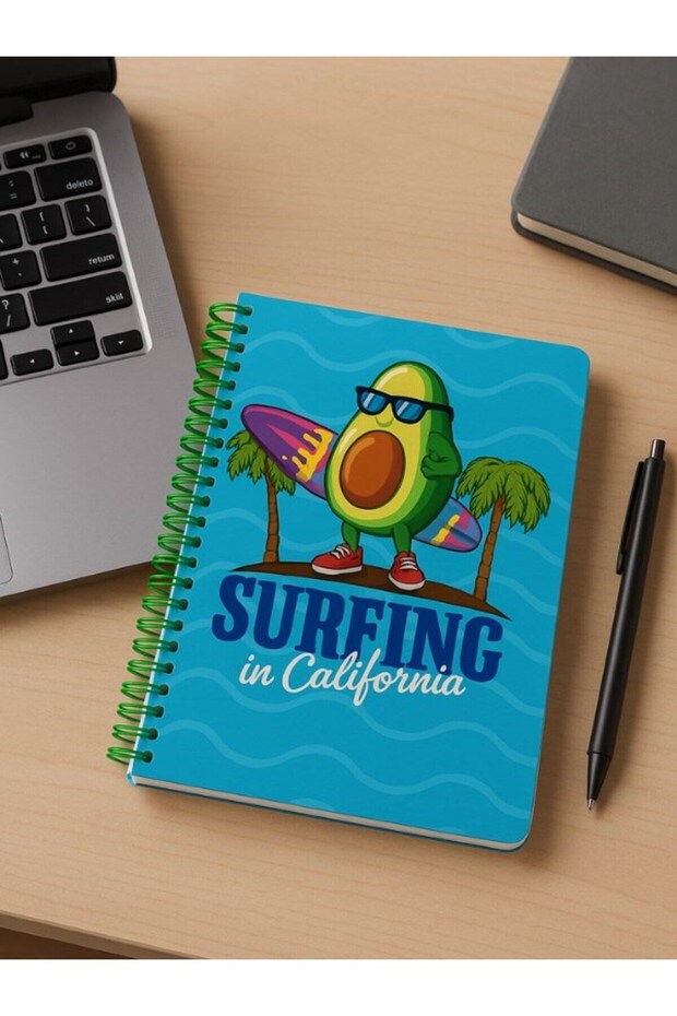 Surfing in California Themed Spiralbound Squared Notebook 80 Sheets Suitable for Student and Office Use - 1
