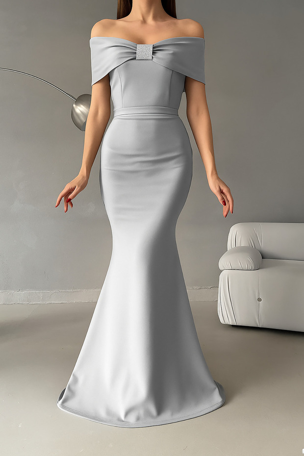 Gray Madonna Collar Stone Detail Maxi Size Scuba Fabric Fish Evening Dress