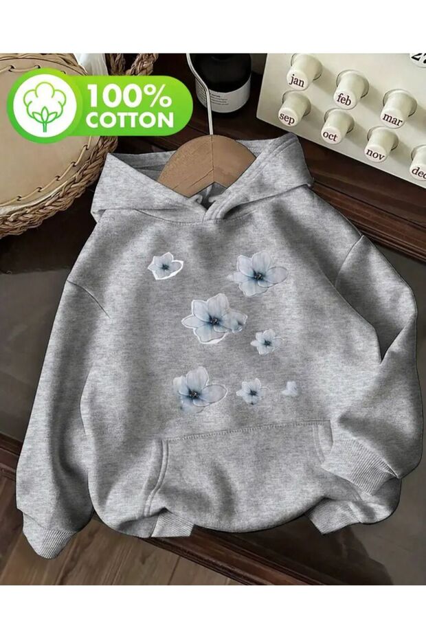 Floral Print Detailed Hooded Sweatshirt with Fleece Inside