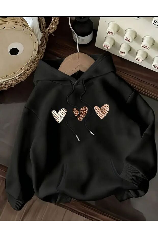 Heart Print Fleece-Lined Hooded Sweatshirt