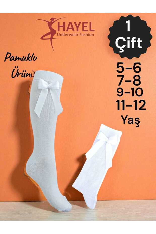 1 Pair of Girls' White Knee-Length Socks with Bow Ribbons