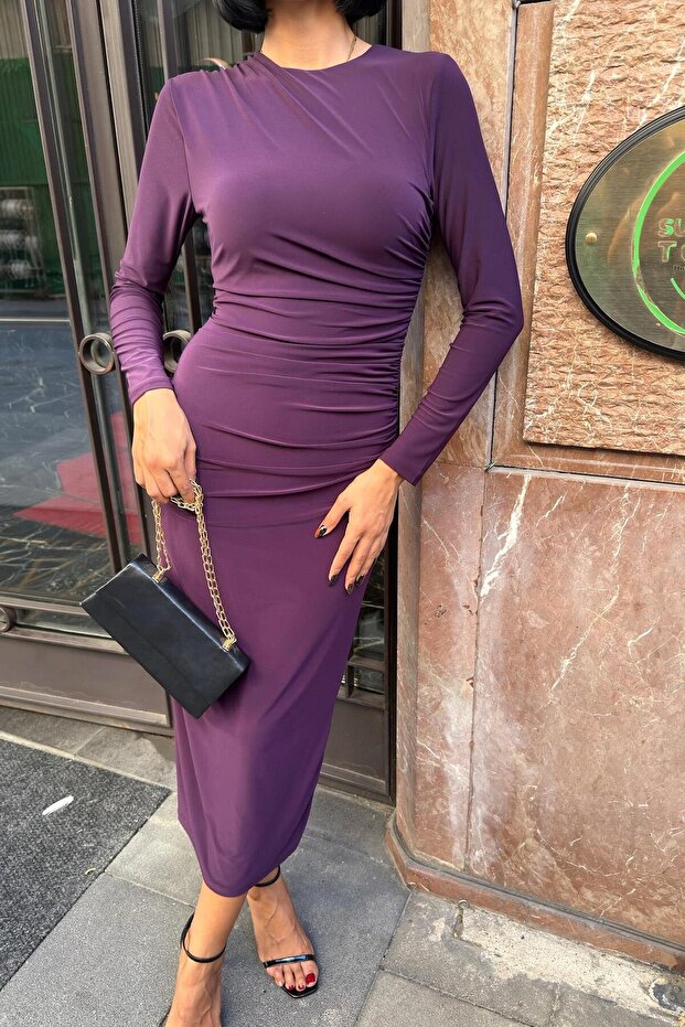 Mor Beli Drapeli Sandy Elbise -MOR - 8