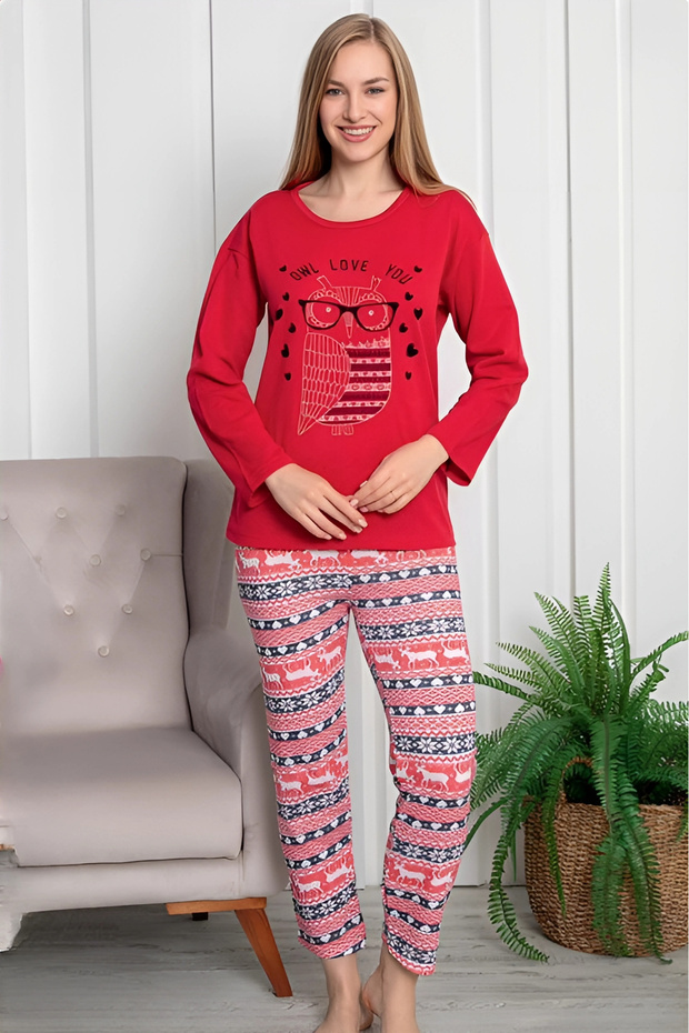 Pamuklu Desenli 2 İplik Şardonlu Kışlık Uzun Kollu Pijama Takımı - 1