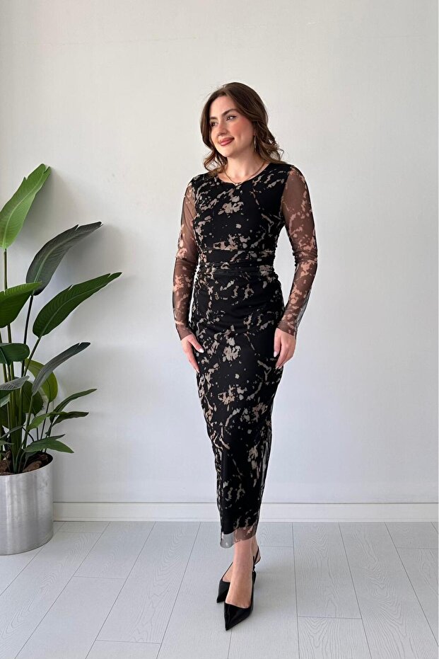 Benekli Tül Elbise Siyah - 1