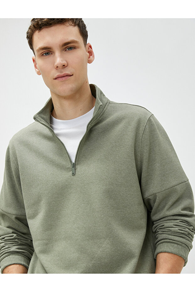 Basic Sweat Half Zipper Stand Collar Long Sleeve Raised