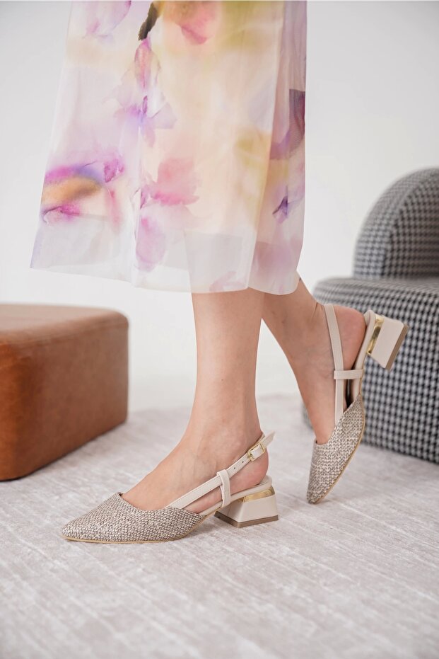 Füme-Bej Kadın Hasır Kumaş Kalın Topuklu Klasik Ayakkabı - 2