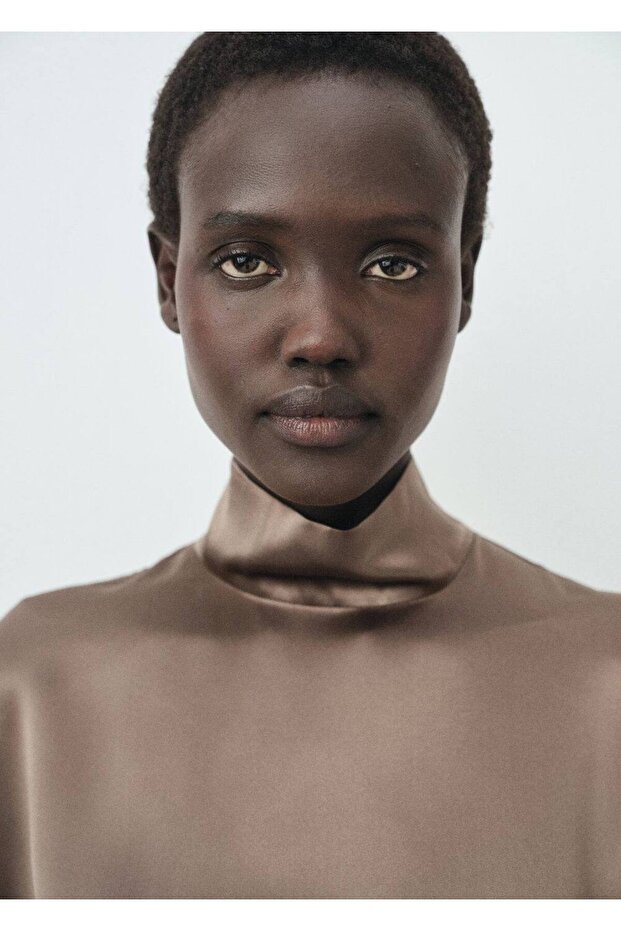 %100 saten ipek yüksek yakalı bluz - 5