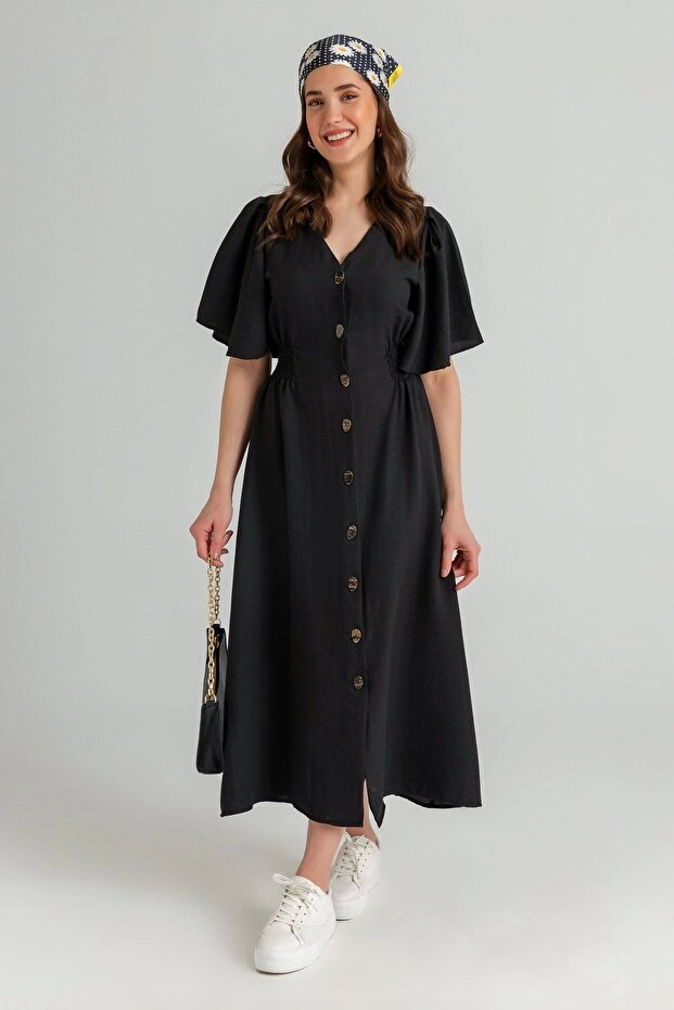 Women's Waist Rubber Detailed Midi Buttoned Dress