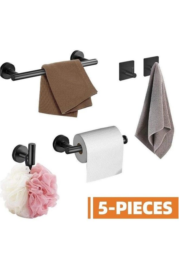 5-Pieces Matte Black Bathroom Accessories Set Stainless Steel Hardware Bath Towel Bar Racks for Wal