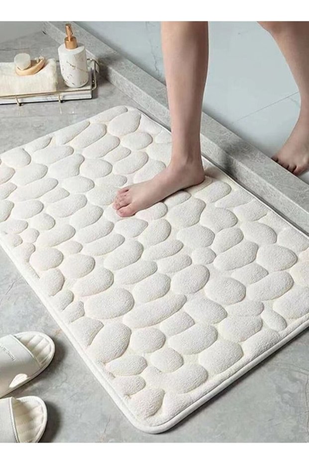 1-Piece Stone Grain Non-Slip Bath Rug Mat for Bathroom Coral Velvet Fabric for Water Absorption Whi