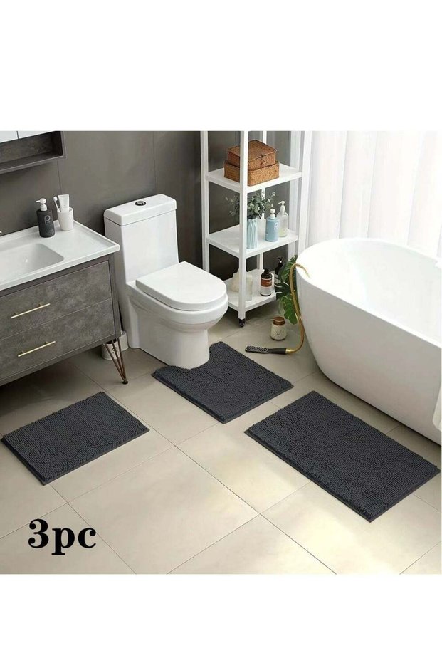 3-Pieces Simple Soft Chenille Bathroom Mat Set Water Absorbent Non-Slip Bathroom Floor Mat Bathroom