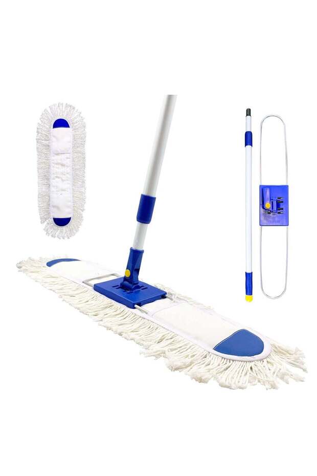 Dust Control Mop | Washable Cotton Flat Mop | Swivel Head | Aluminum Handle | 60 cm | White
