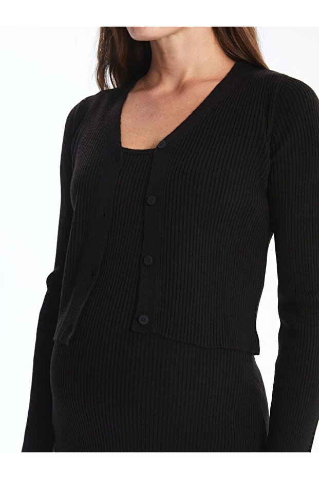 U Yaka Düz Hamile Triko Elbise ve Hırka Takım - 5