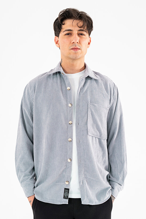 Erkek Kadife Gömlek Açık Gri Rahat Kesim Uzun Kollu Tek cepli - 1