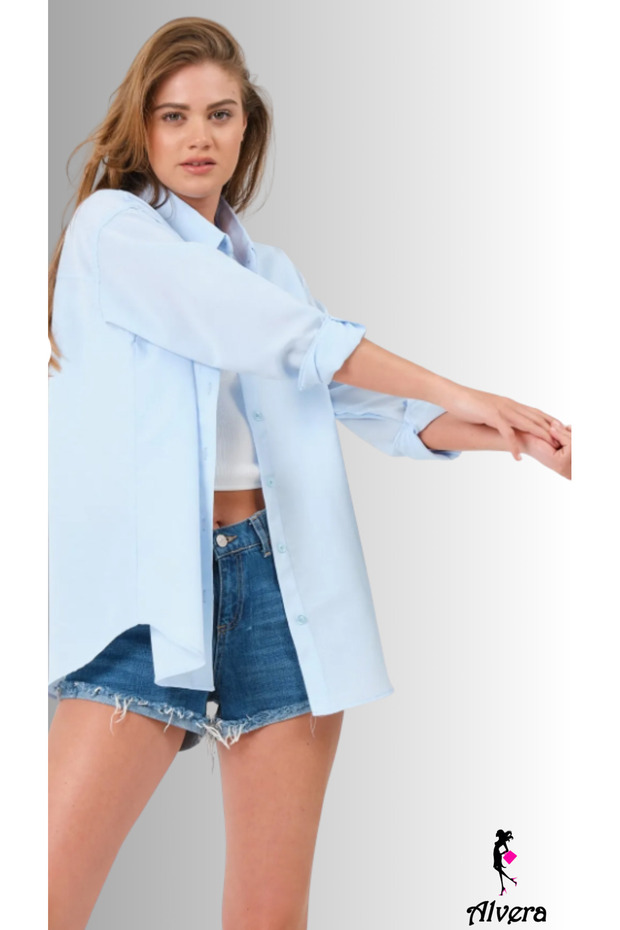 Kadın Oversize Basic Uzun Gömlek - Açık Mavi - 4