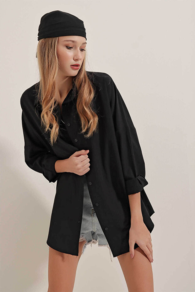 Oversize Uzun Basic Siyah Kadın Gömlek 3900 - 6