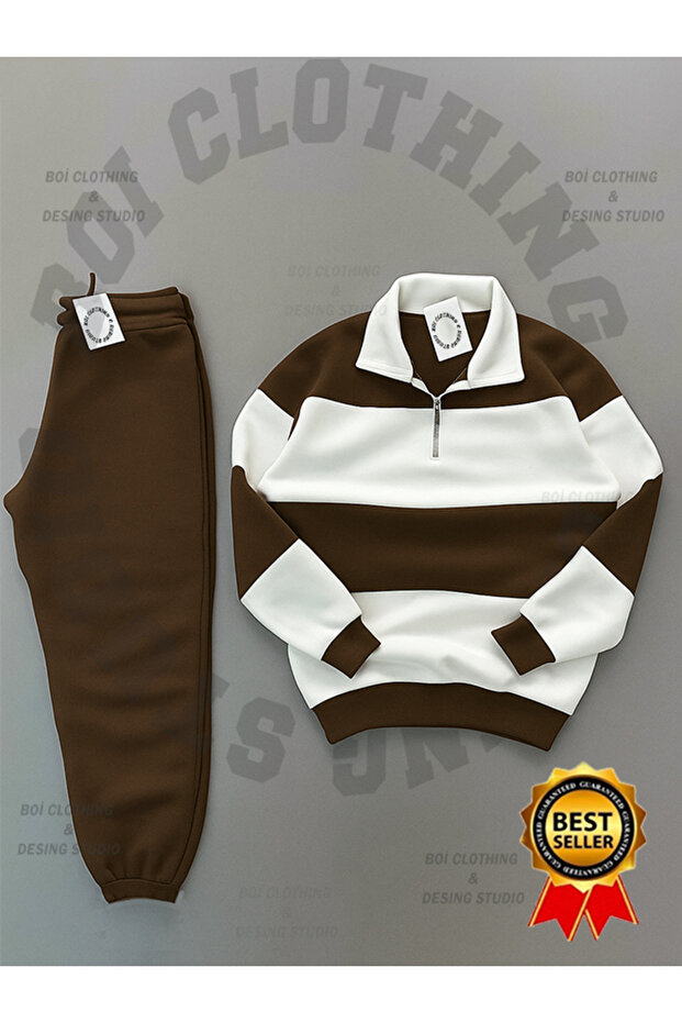 Men's Oversize Half Zipper Stand Collar Top and Bottom Tracksuit Set - 3 Thread Plain Jogger Casual Sports Set