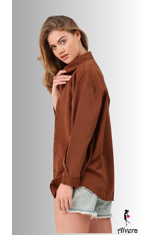 Kadın Oversize Basic Uzun Gömlek - KAHVE - 1