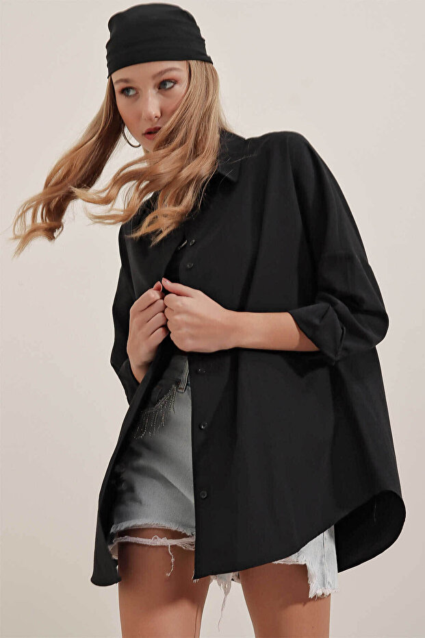 Oversize Uzun Basic Siyah Kadın Gömlek 3900 - 8