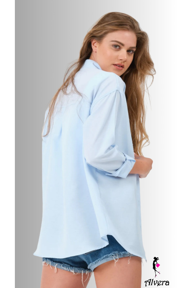 Kadın Oversize Basic Uzun Gömlek - Açık Mavi - 2