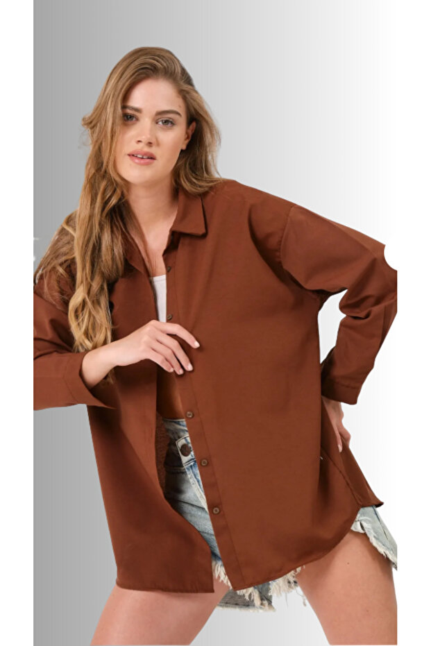 Kadın Oversize Basic Uzun Gömlek - KAHVE - 4