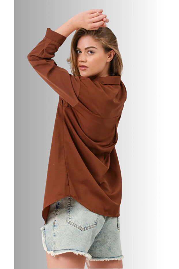 Kadın Oversize Basic Uzun Gömlek - KAHVE - 2