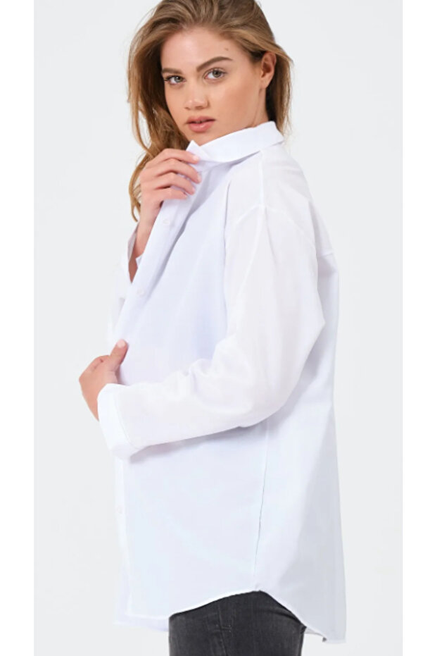 Kadın Oversize Basic Uzun Gömlek - Beyaz - 2