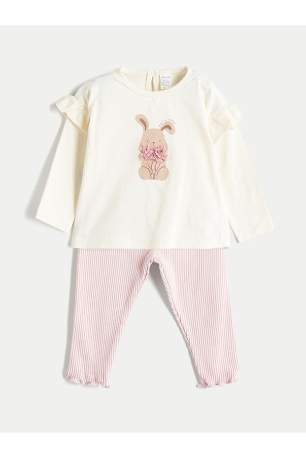 Ecru Crew Neck Printed Baby Girl Blouse and Leggings 2-Piece Set