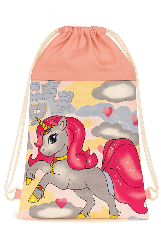 Kindergarten bag, pink unicorn pattern, cotton, lined, backpack type