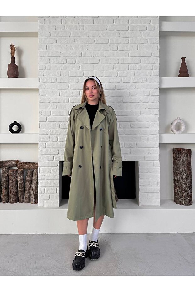 Women's Double Button Stylish and Classic Model Belted Long Trench Coat