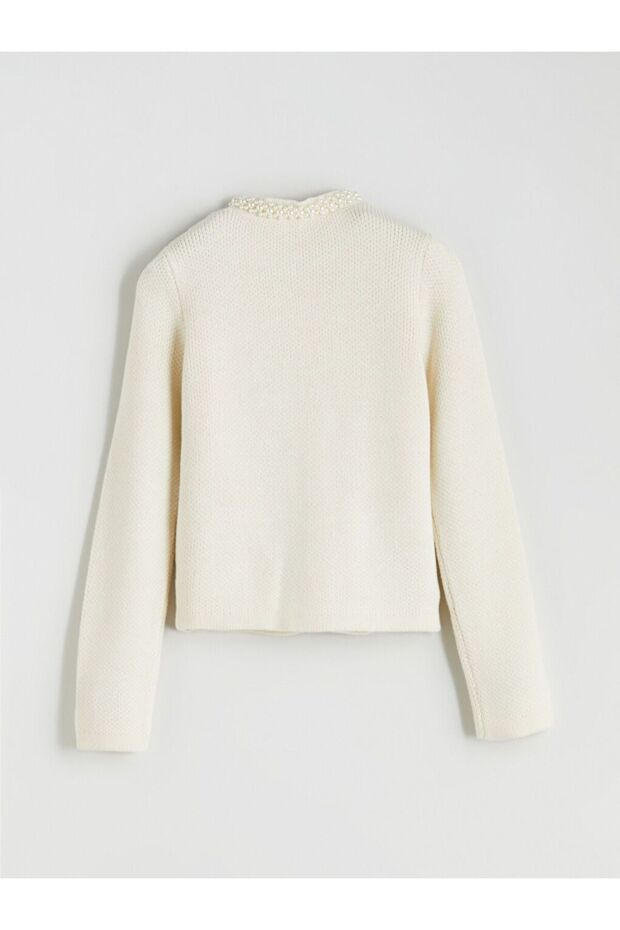 Bisiklet Yaka İnci İşlemeli Kadın Triko Hırka - 6